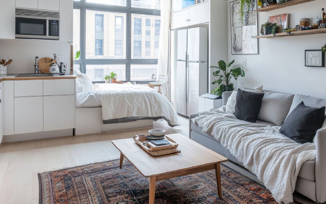 Kleine Wohnugn eingerichtet, mit Küche, Wohnzimmer und Schlafcouch