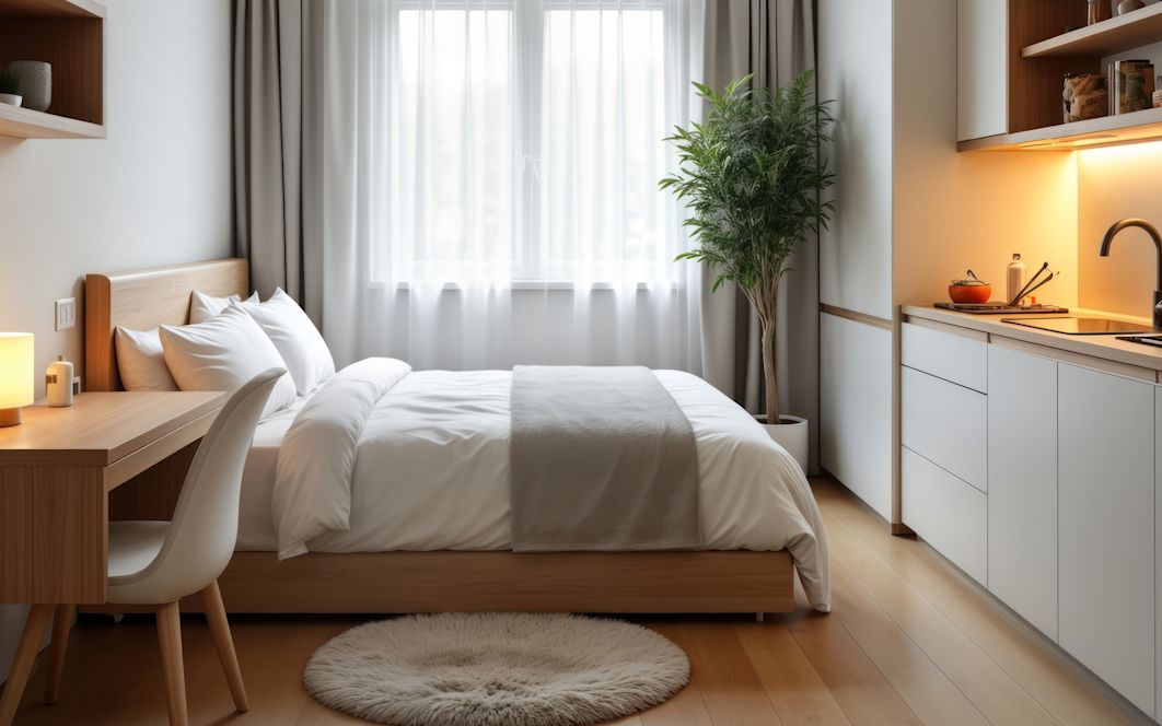 Einzimmer Wohnung eingerichtet mit Küche, Bett und kleinem Schreibtisch