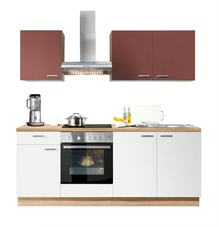 Singleküche Weiß/Karminrot/Bergeiche Nachbildung ca. 200 cm