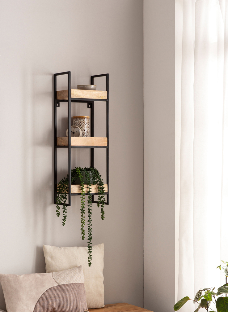 Wandregal 27x77x18 cm Metall/Massivholz Mango braun/schwarz