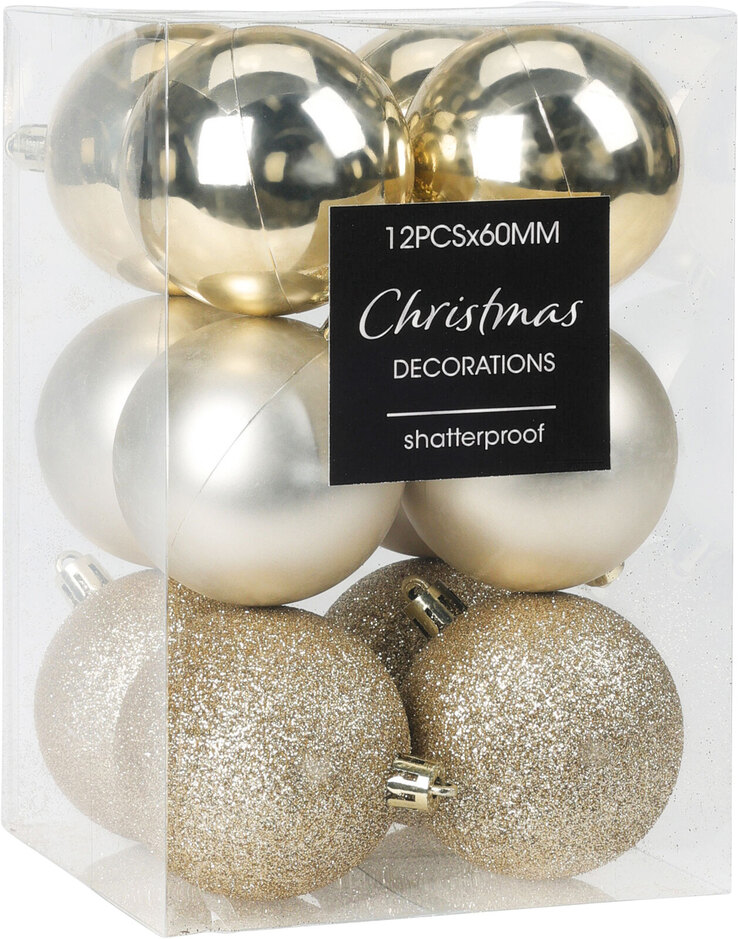 Weihnachtskugel 12-teilig champagner matt glänzend glitzernd je 6cm Kunststoff bruchfest