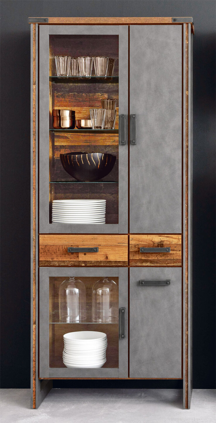 Vitrine Prime Grau/Braun Matera Old-Wood-Optik 89 x 212 x 42 cm