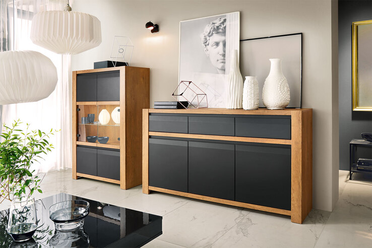Highboard Miami Eiche Lefkas-Dekor/Orchidea Nera-Dekor 92 x 142 x 42 cm