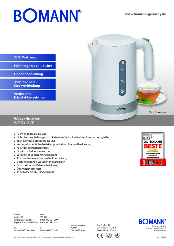 BOMANN Wasserkocher WK 5012 CB 1,8 L, Weiß