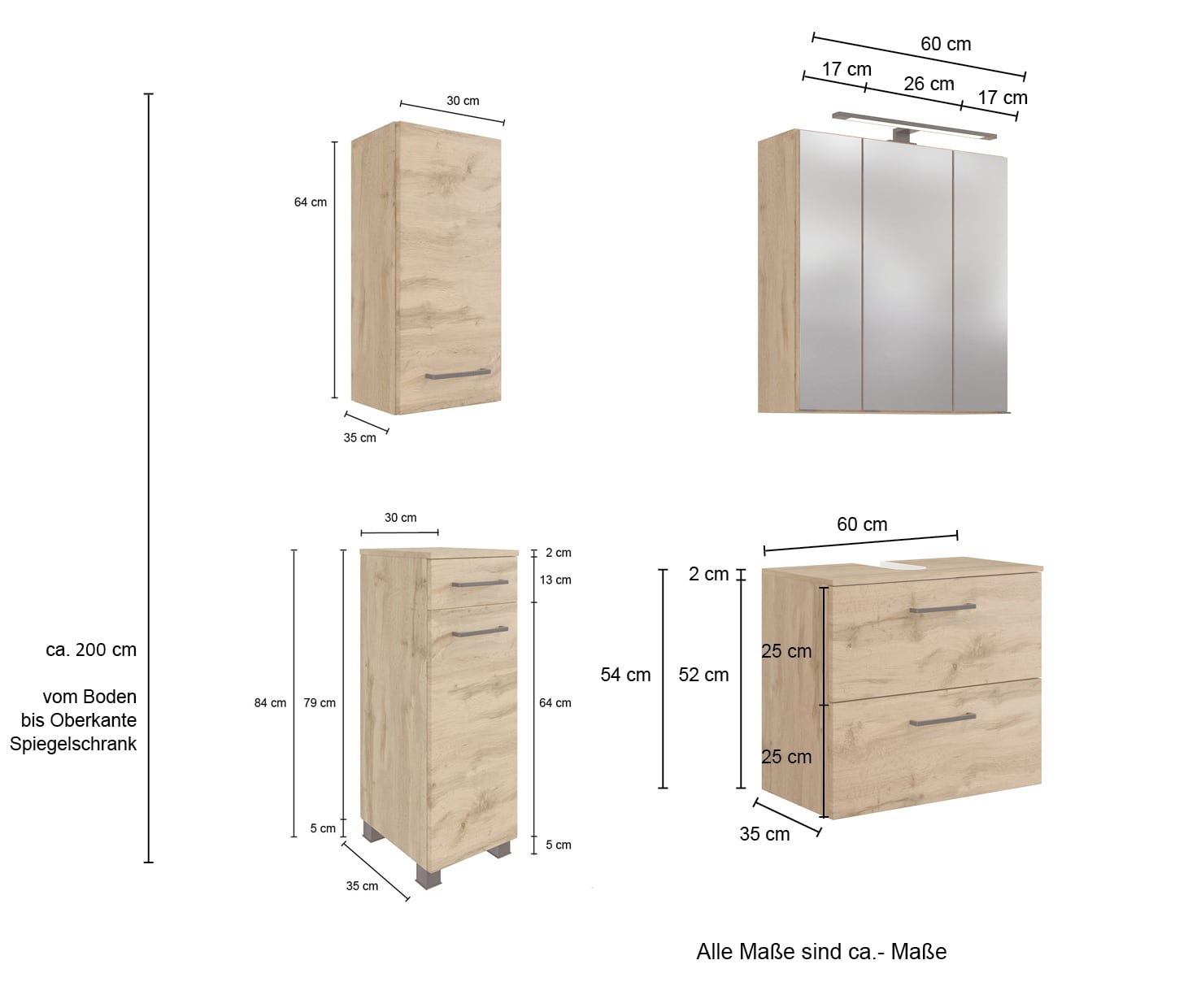 Badkombination Limburg 90 cm 4-teilig B/H/T 90x200x35 cm 