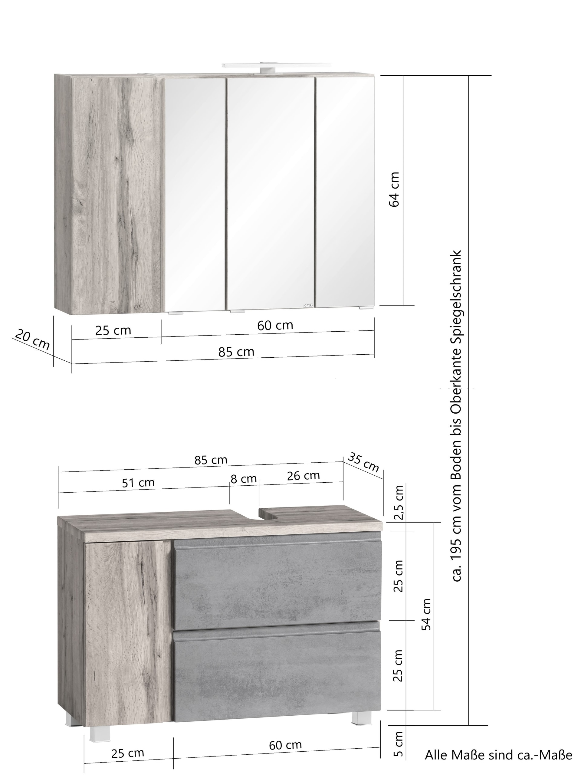 Waschtischkombi Gent grau B/H/T 85x200x35 cm 