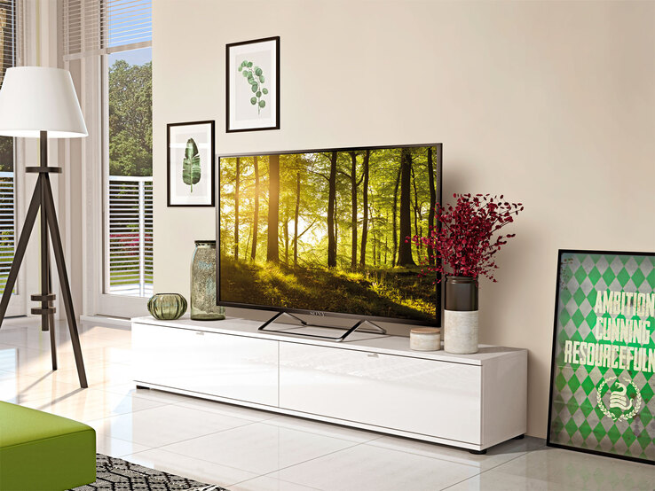 TV-Lowboard Yoko, Melamin Weiß Hochglanz lackiert