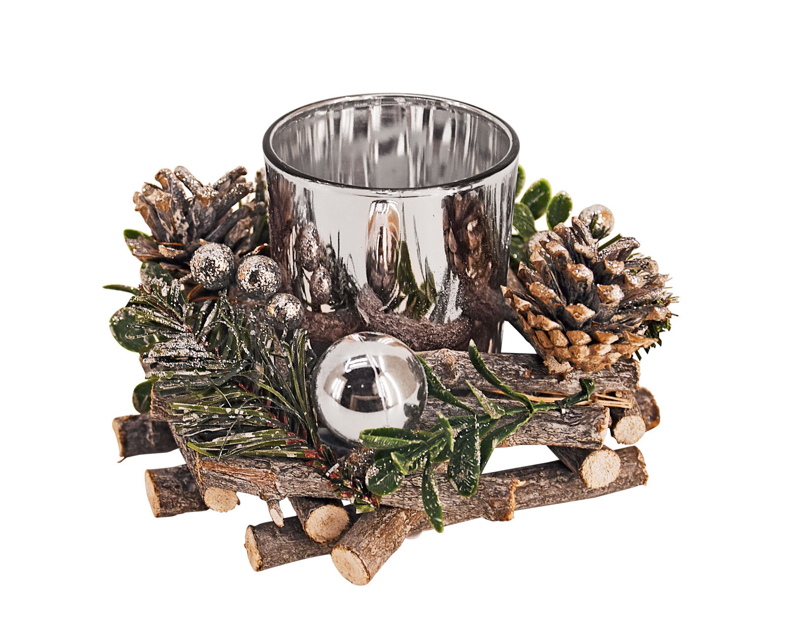 Weihnachten Windlicht Gesteck braun silberfarbig 16cm 10cm Holz Glas