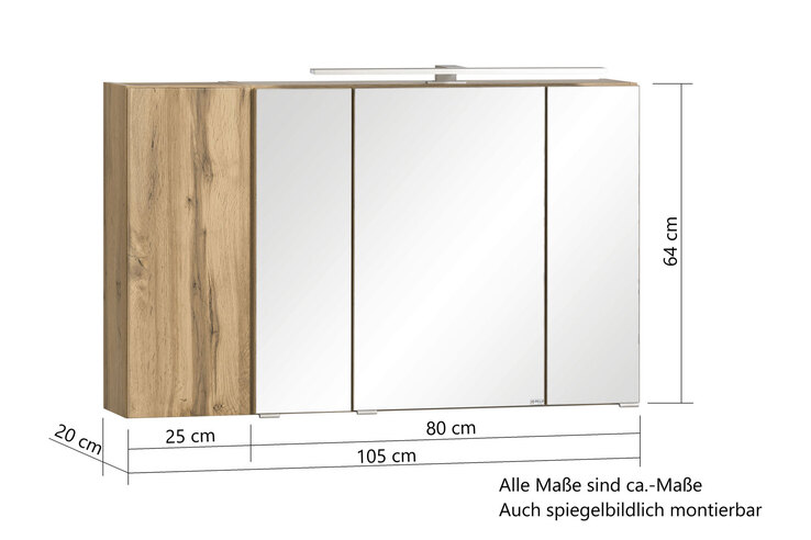 Spiegelschrank Gent braun 3-türig B/H/T 105x64x20 cm