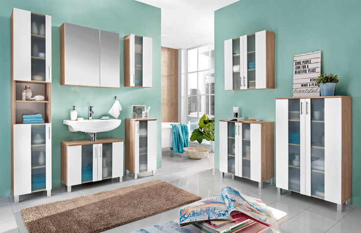 Spiegelschrank Porto Weiß/Eiche sägerau Nachbildung ca. 65 x 70 x 21 cm