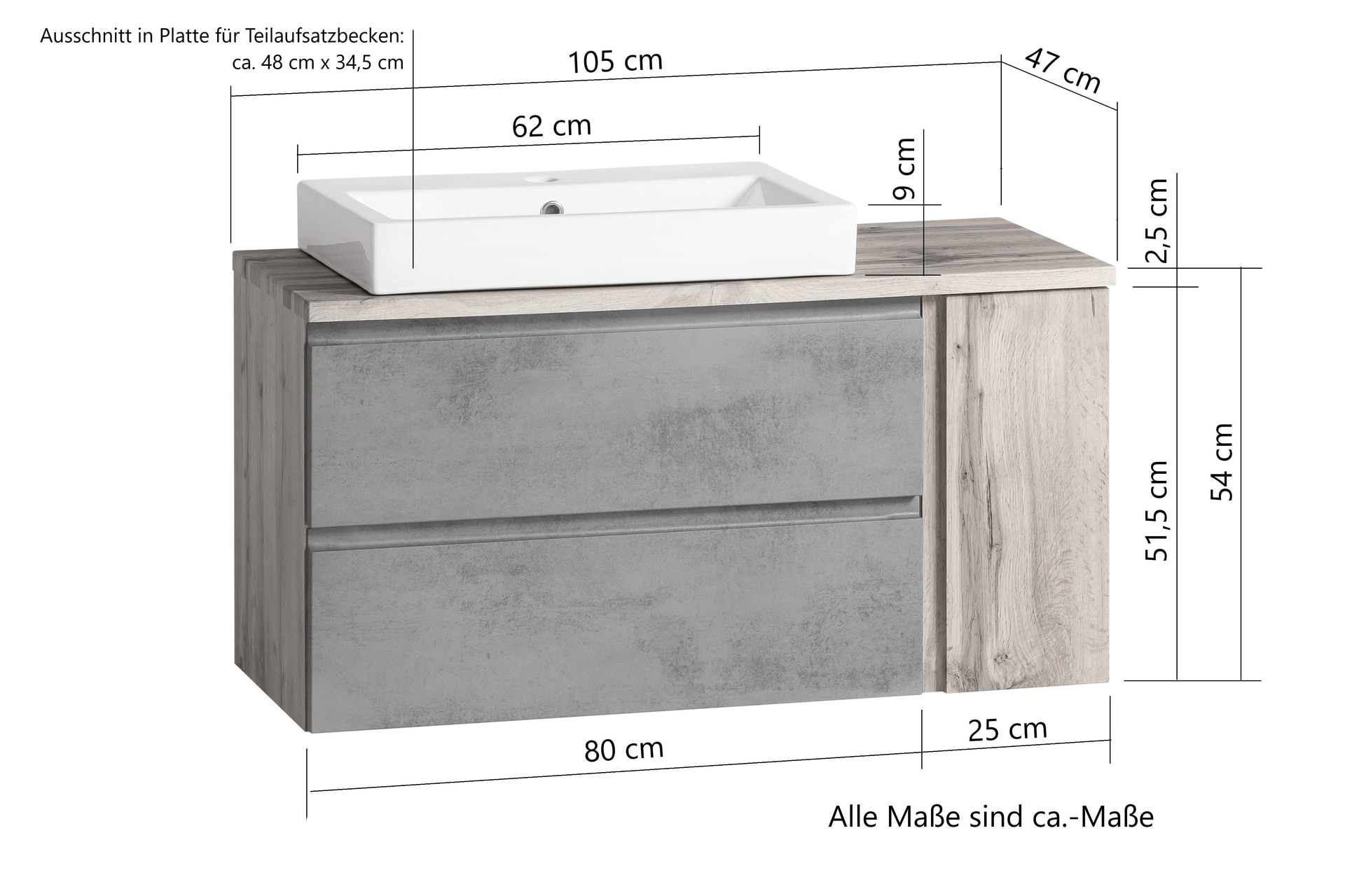 Waschtischkombination Gent grau B/H/T 105x65,5x47 cm 