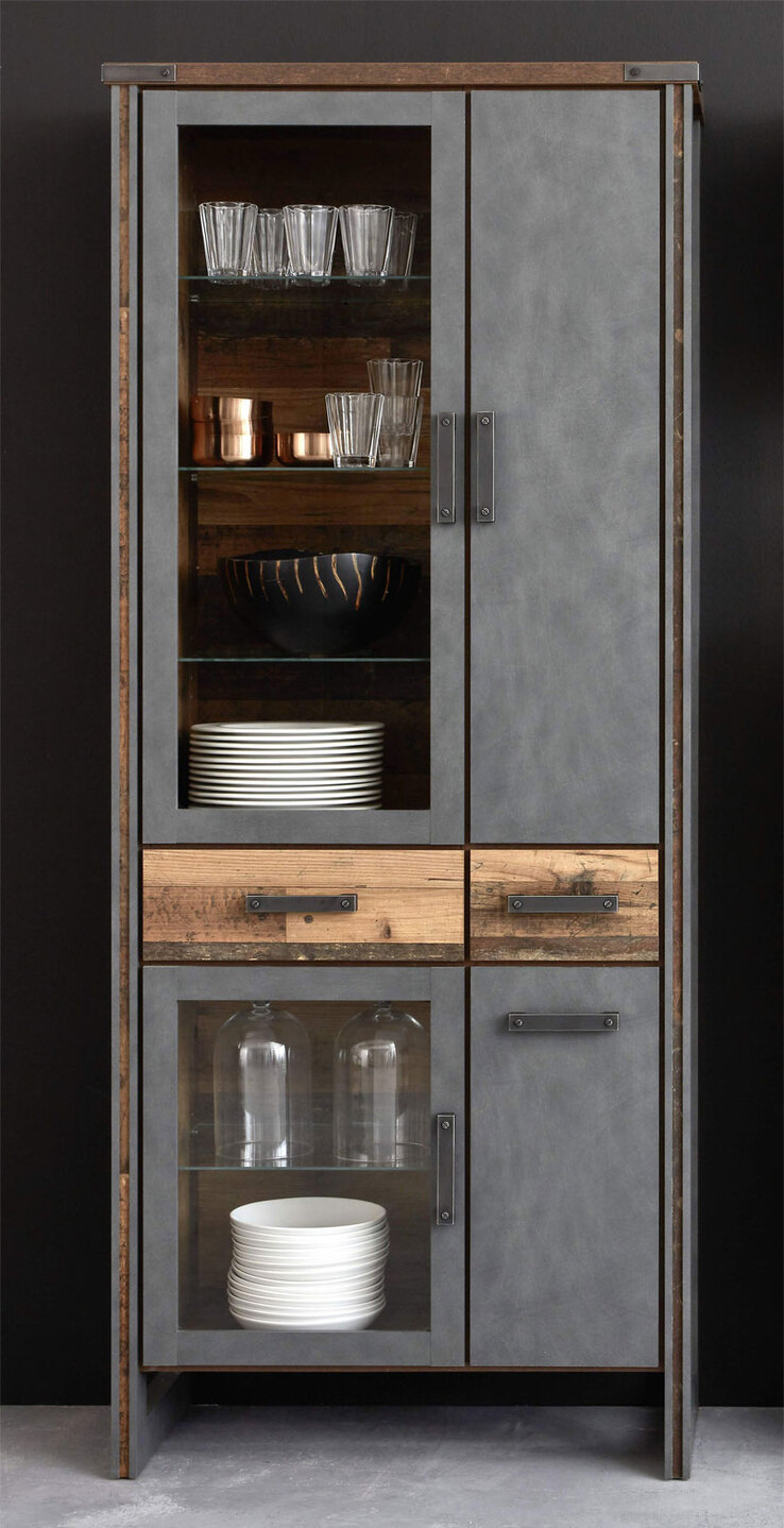 Vitrine Prime Grau/Braun Matera Old-Wood-Optik 89 x 212 x 42 cm