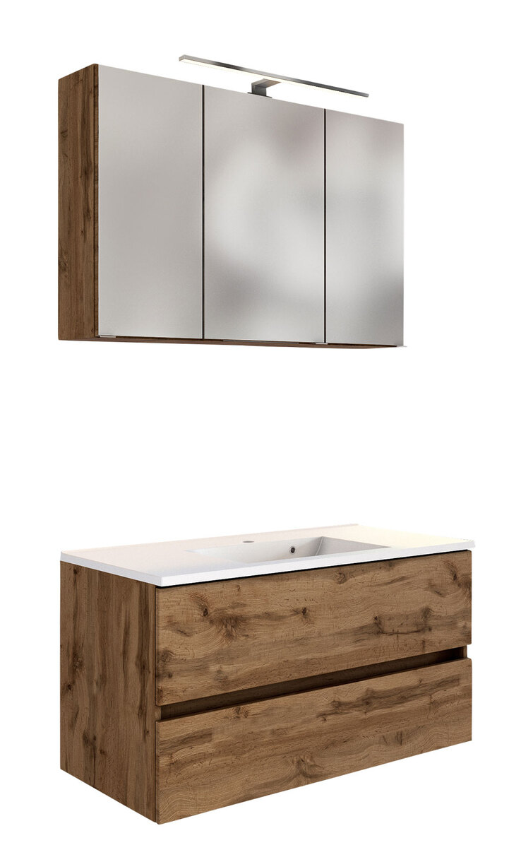 Badmöbelset Baabe 100 x 200 cm braun / Wotan Eiche NB matt mit LED-Beleuchtung