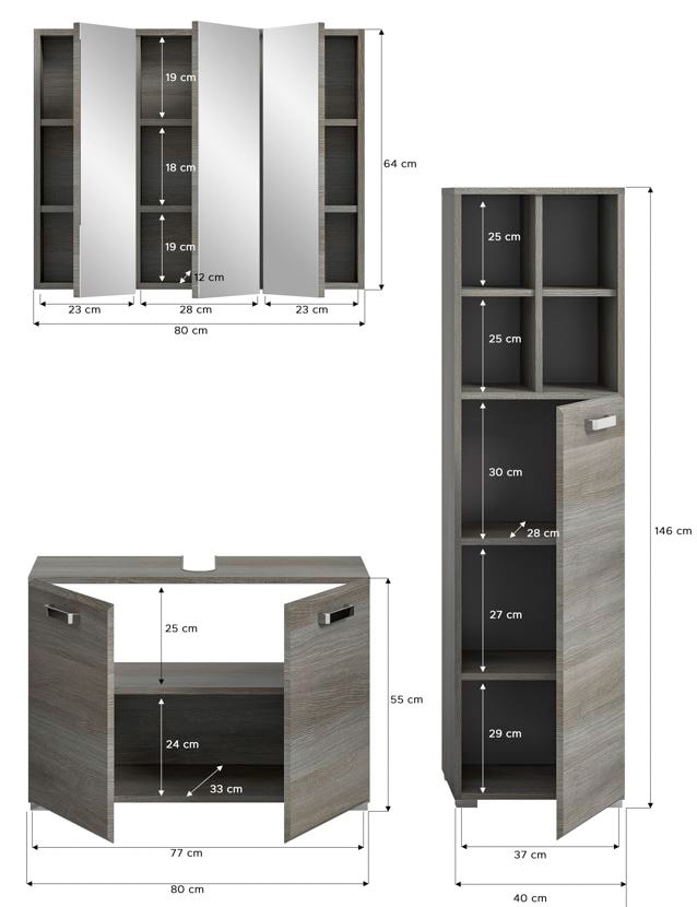 Badkombination Silver Rauchsilber 3-teilig B/H/T 135x185x37 cm