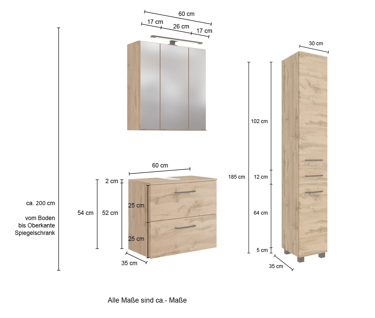 Badkombination Limburg braun 3-teilig B/H/T 90x200x35 cm 