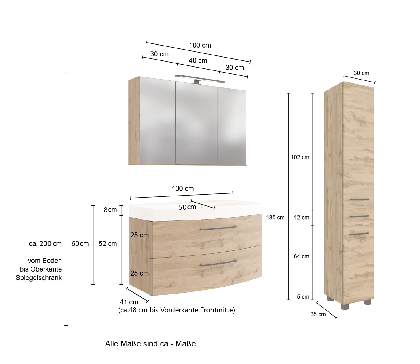 Badkombination Limburg braun 130 cm 3-teilig B/H/T 130x200x50 cm 