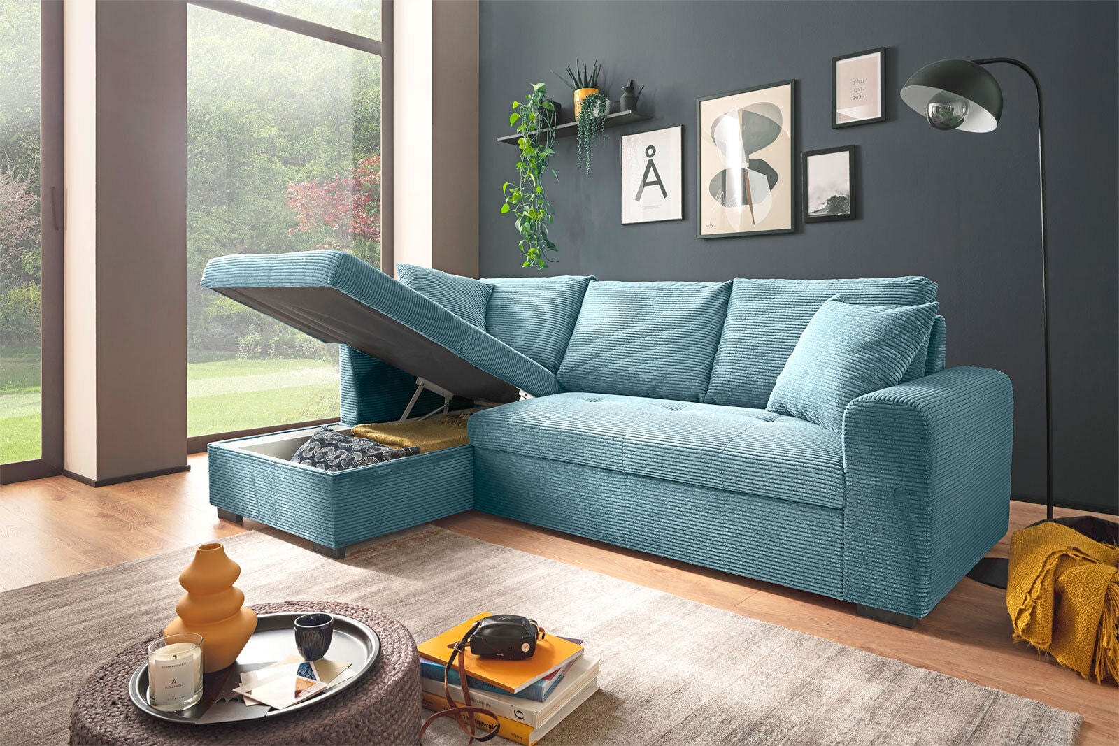 Ecksofa Lukas 239x90x158 cm Cord Bezug lagoon