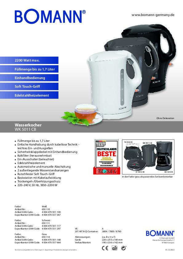 BOMANN Wasserkocher WK 5011 CB 1,7 Liter weiß