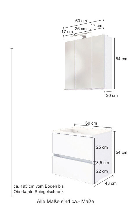 Badmöbelset Baabe 3-teilig 60 x 200 cm weiß matt mit LED-Beleuchtung