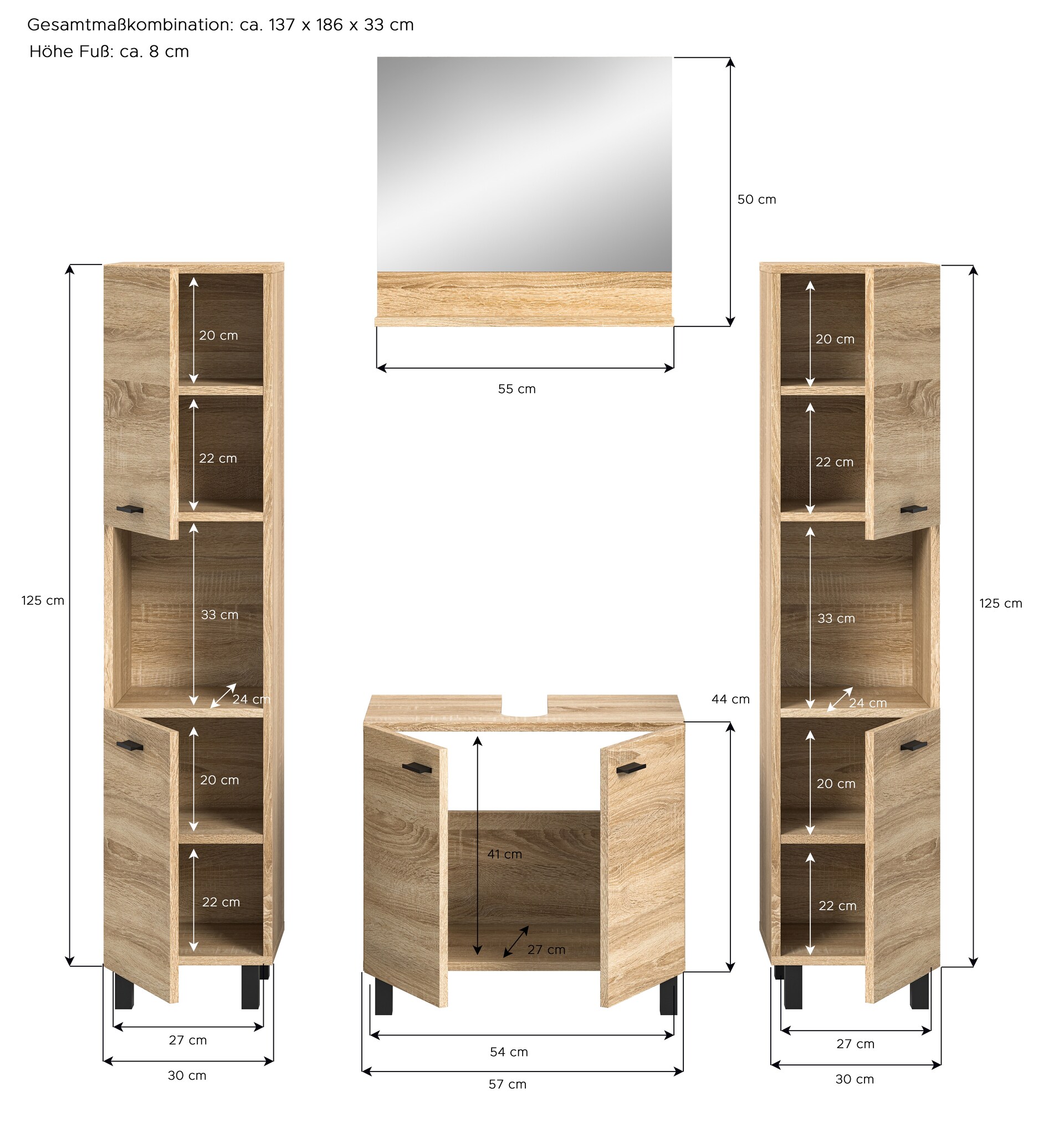 Badkombination Boston 4-teilig Eiche Sonoma Nachbildung B/H/T 137x186x33 cm 