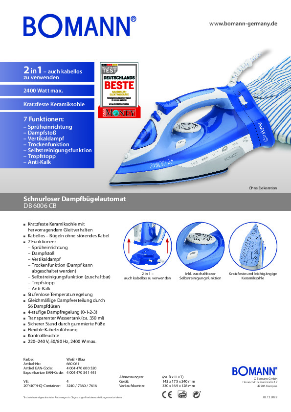 BOMANN Dampfbügeleisen DB 6006 CB kabellos blau