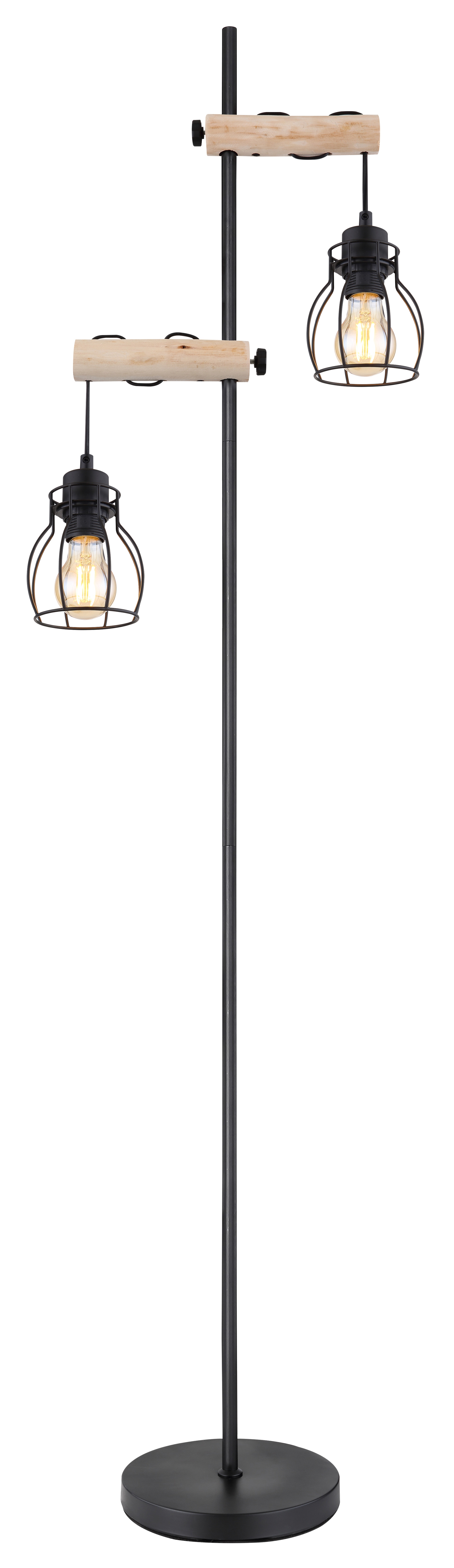 GLOBO Retrofit Stehlampe Mina II 2-flg Schwarz/Naturfarbig 23x38,5cm H.150cm Metall,Holz,Geflecht,Matt,Ein-/Ausschalter inklusive,Schnurschalter,höhenverstellbar,Innen