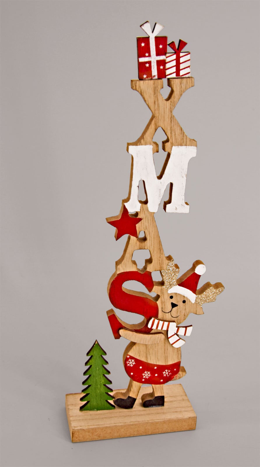 Weihnachten Deko Objekt Rentier XMAS braun rot weiß grün 12x5cm 31cm Holz