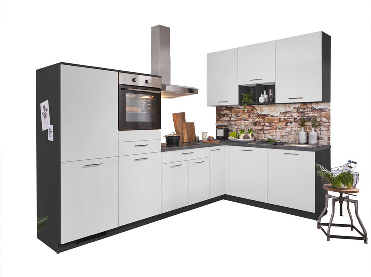 Winkelküche PN210 UV-Lack alpinweiß supermatt/Grafit 305x185cm