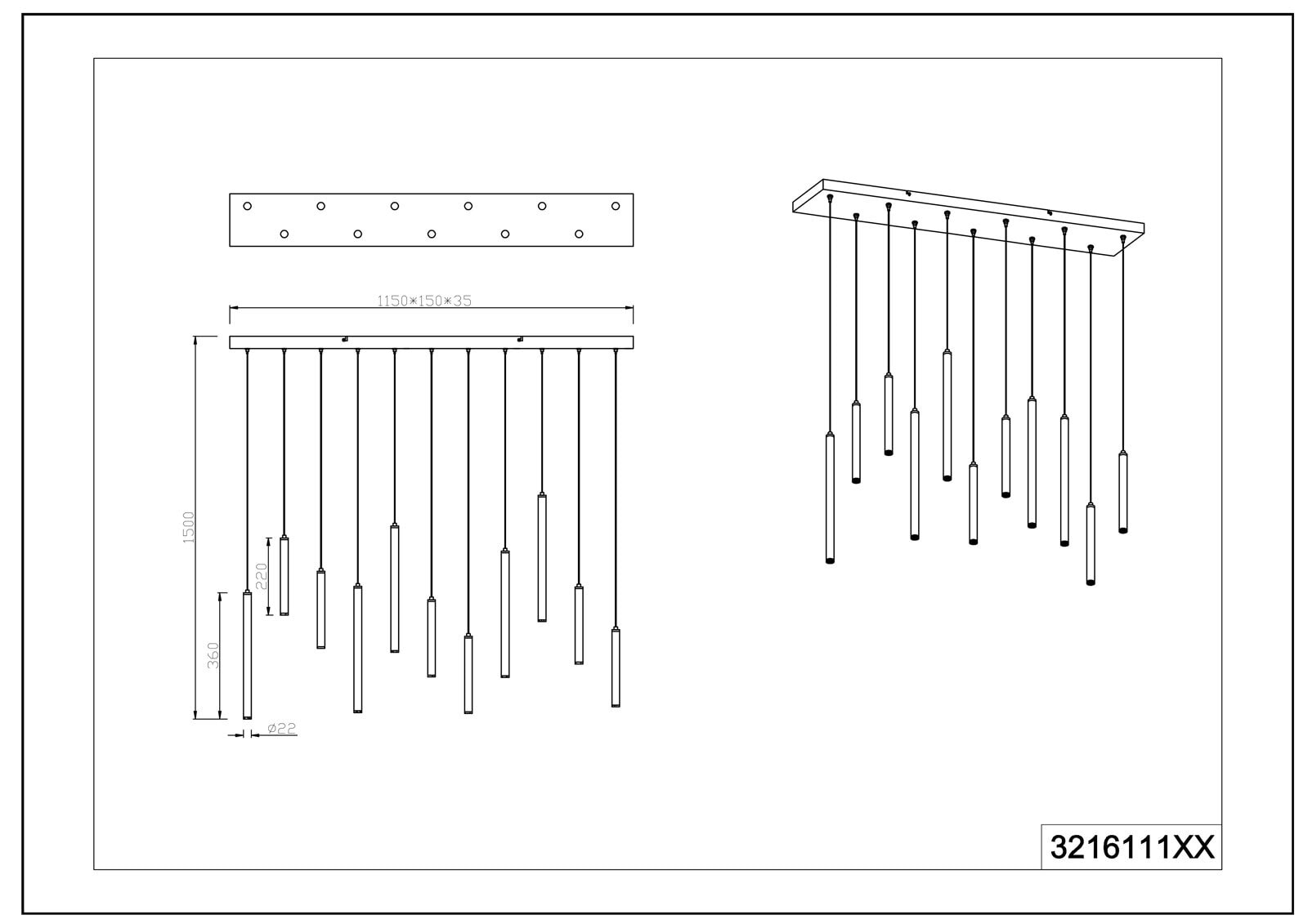 Tubular Pendelleuchte schwarz, 321611132, B/H/T: 115/150/15 cm, Metall 