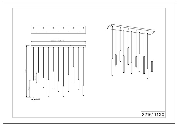 Tubular Pendelleuchte schwarz, 321611132, B/H/T: 115/150/15 cm, Metall