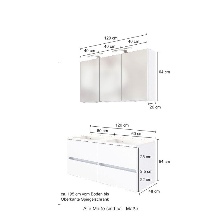 Badmöbelset Baabe 120 x 200 cm weiß matt mit 2 LED-Beleuchtungen