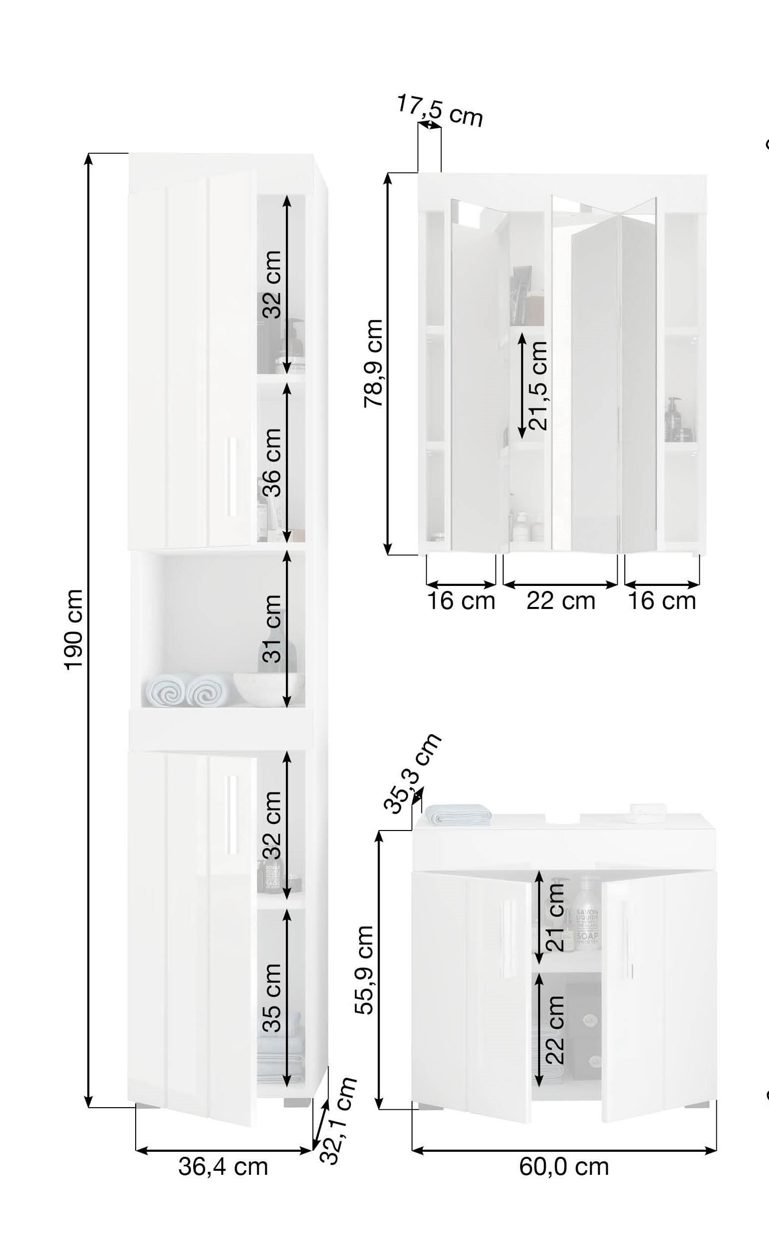 Badkombination Snow weiß 3-teilig B/H/T 111x190x35 cm 