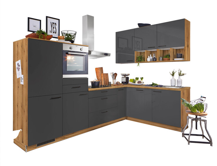 Winkelküche PN215 Grafit Hochglanz Direktlack/Evoke Eiche NB 305 x 185 cm