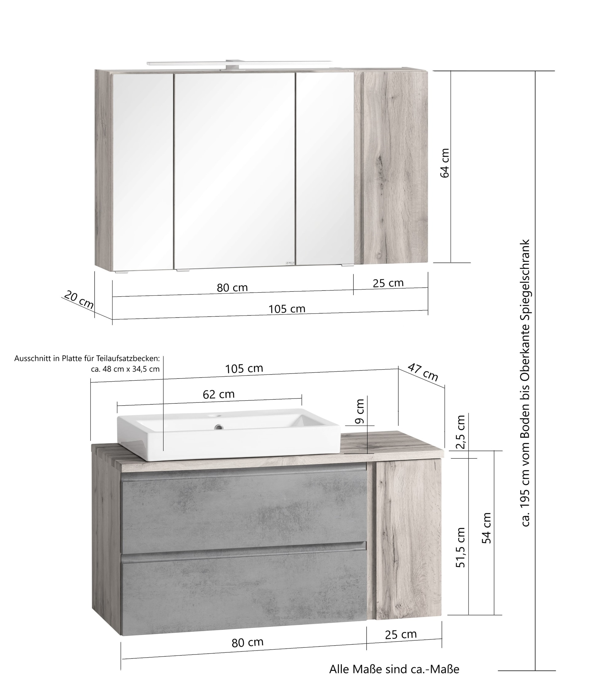 Waschtischkombi Gent grau B/H/T 105x200x47 cm