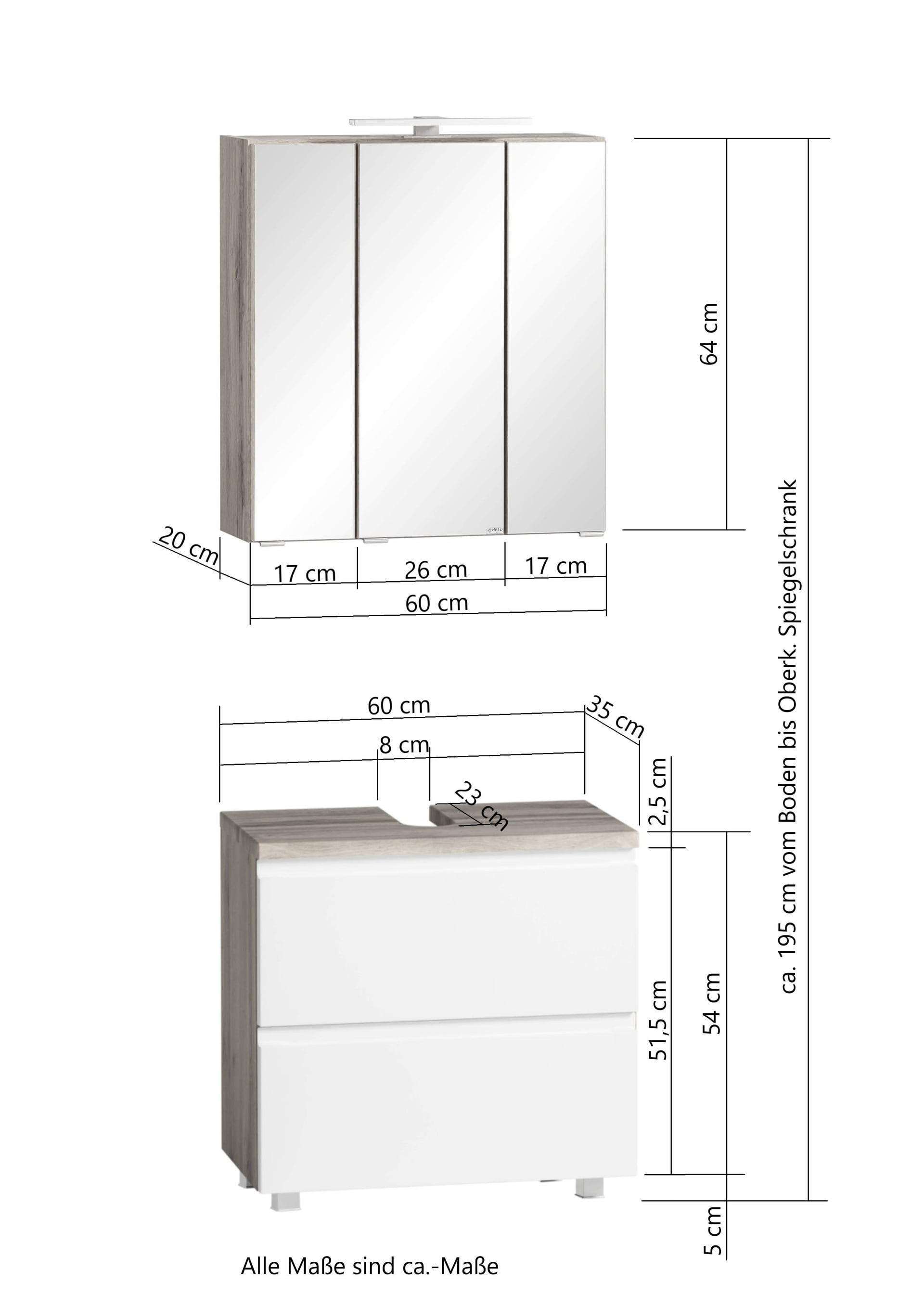 Waschtischkombination Gent weiß/braun B/H/T 60x200x35 cm 