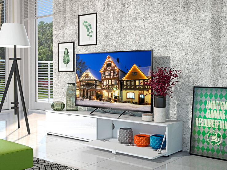 TV-Lowboard Yoko, Melamin Weiß Hochglanz lackiert
