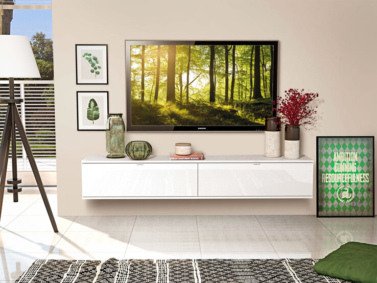 TV-Lowboard Yoko, Melamin Weiß Hochglanz lackiert