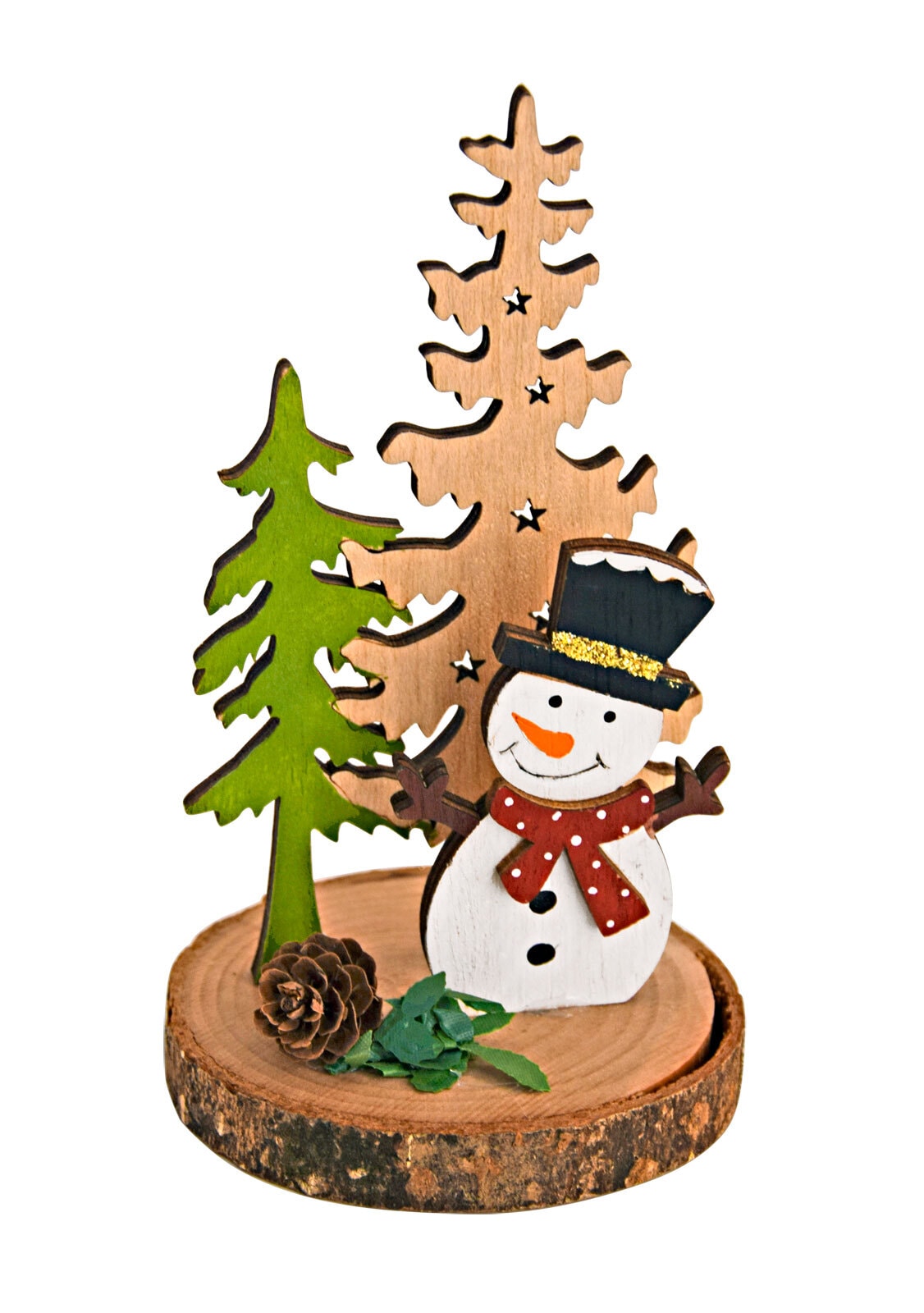 Weihnachten Deko Objekt Schneemann an Tanne braun weiß grün 7cm 13,5cm Holz