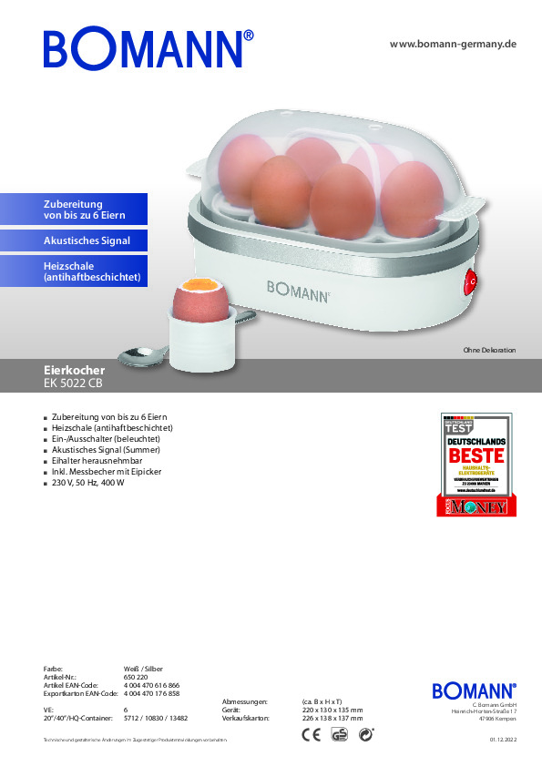 BOMANN Eierkocher EK 5022 CB Weiß 400 Watt