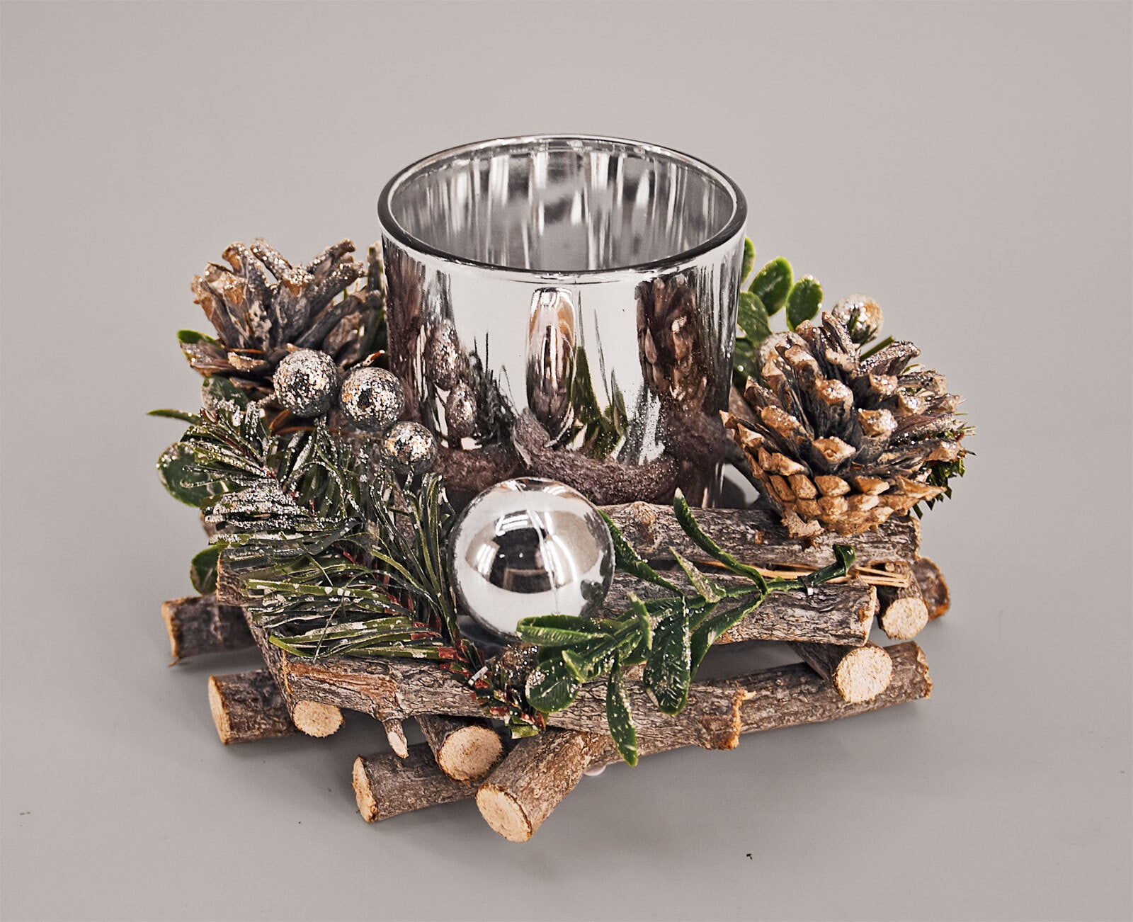 Weihnachten Windlicht Gesteck braun silberfarbig 16cm 10cm Holz Glas