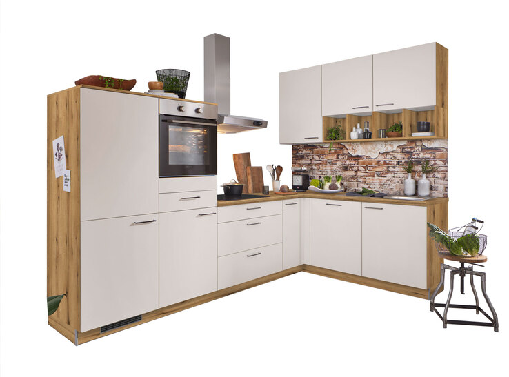 Winkelküche PN80 Magnolienweiß/Evoke Eiche NB 305 x 185 cm