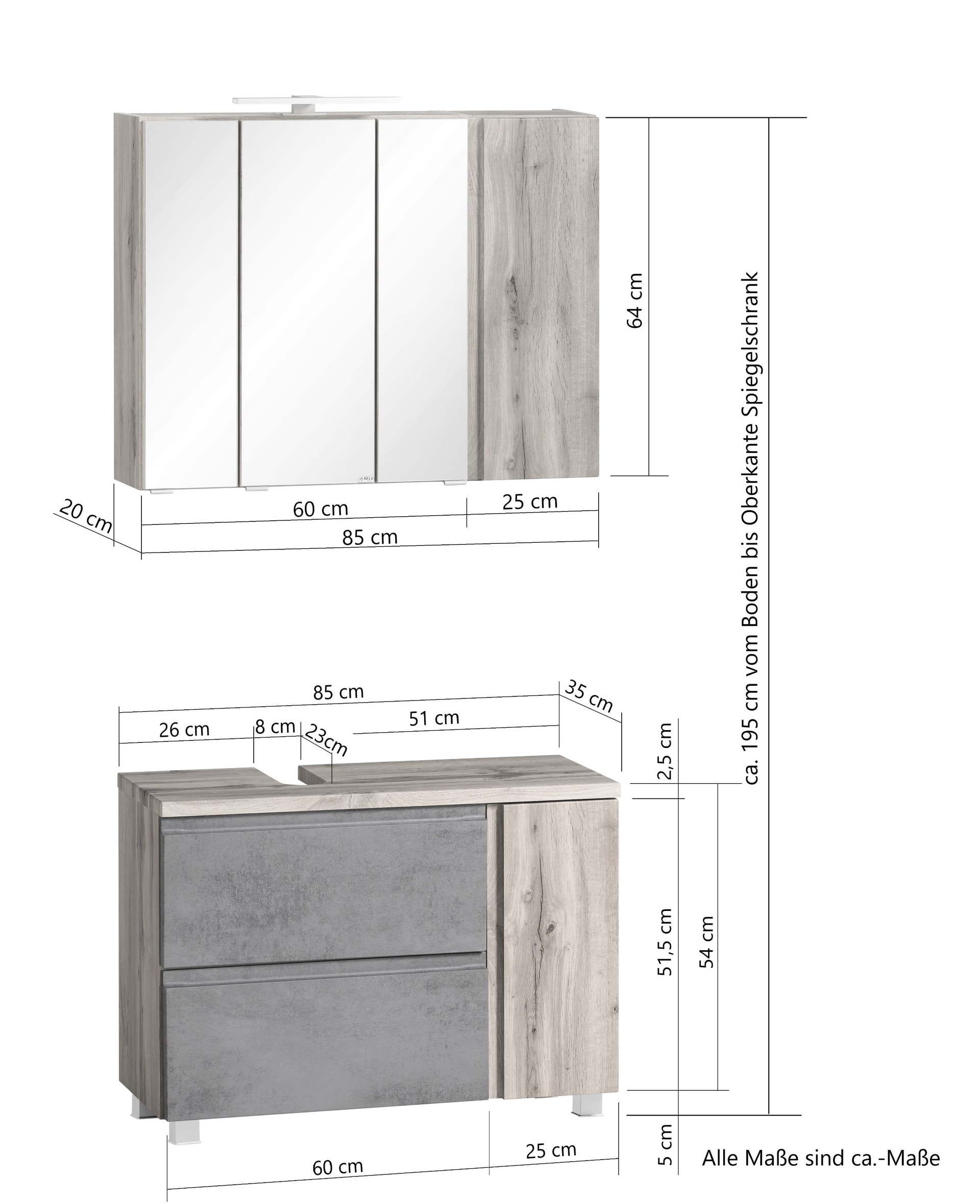 Waschtischkombi Gent 2-teilig hellgrau B/H/T85x200x35 cm 