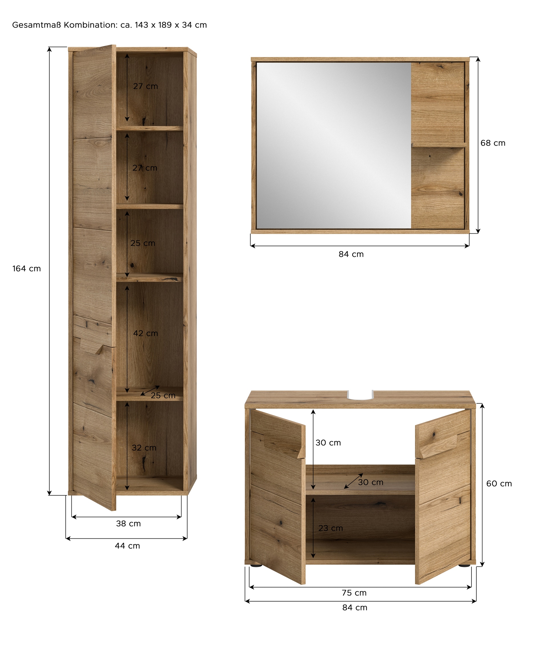 Badkombination Zeno 3-teilig braun B/H/T 143x189x34 cm