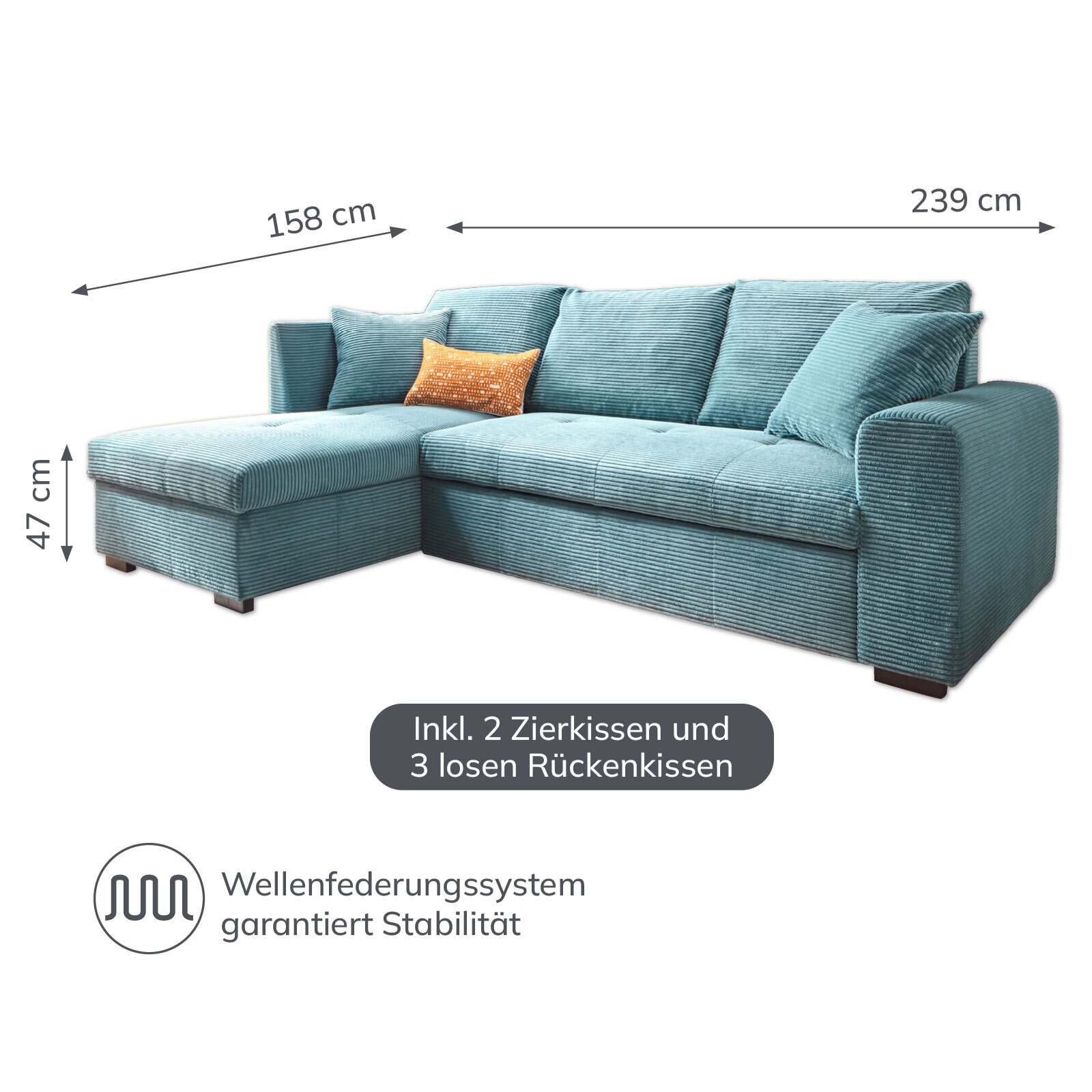 Ecksofa Lukas 239x90x158 cm Cord Bezug lagoon