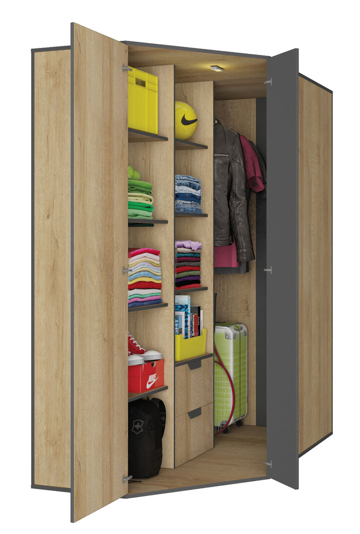 Eckkleiderschrank Nano Riviera Eiche Nachbildung/Grau 145 x 195 x 95 cm