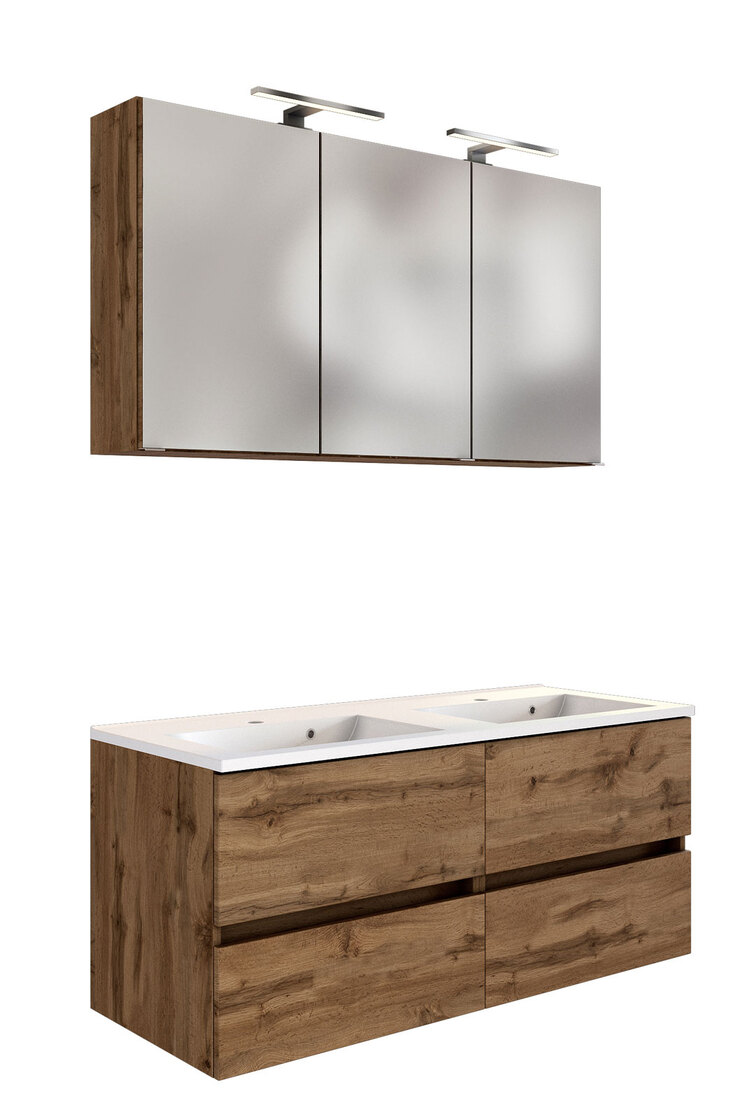 Badmöbelset Baabe  120 x 200 cm braun / Wotan Eiche NB matt mit 2 LED-Beleuchtungen