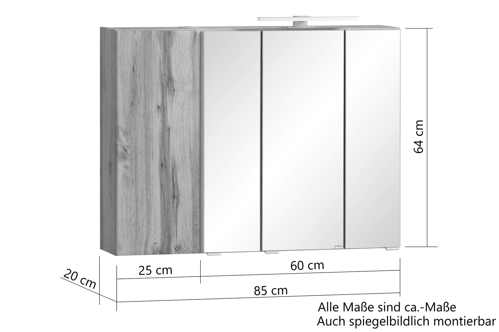 Spiegelschrank Gent braun MDF-Tür rechts B/H/T 85x64x20 cm 