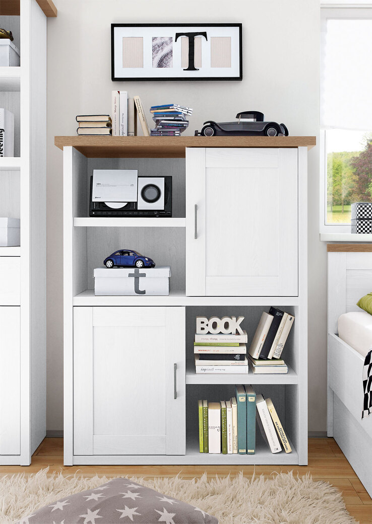Highboard Luca Pinie Nachbildung Weiß/Absetzung Trüffel 106 x 135 x 42 cm