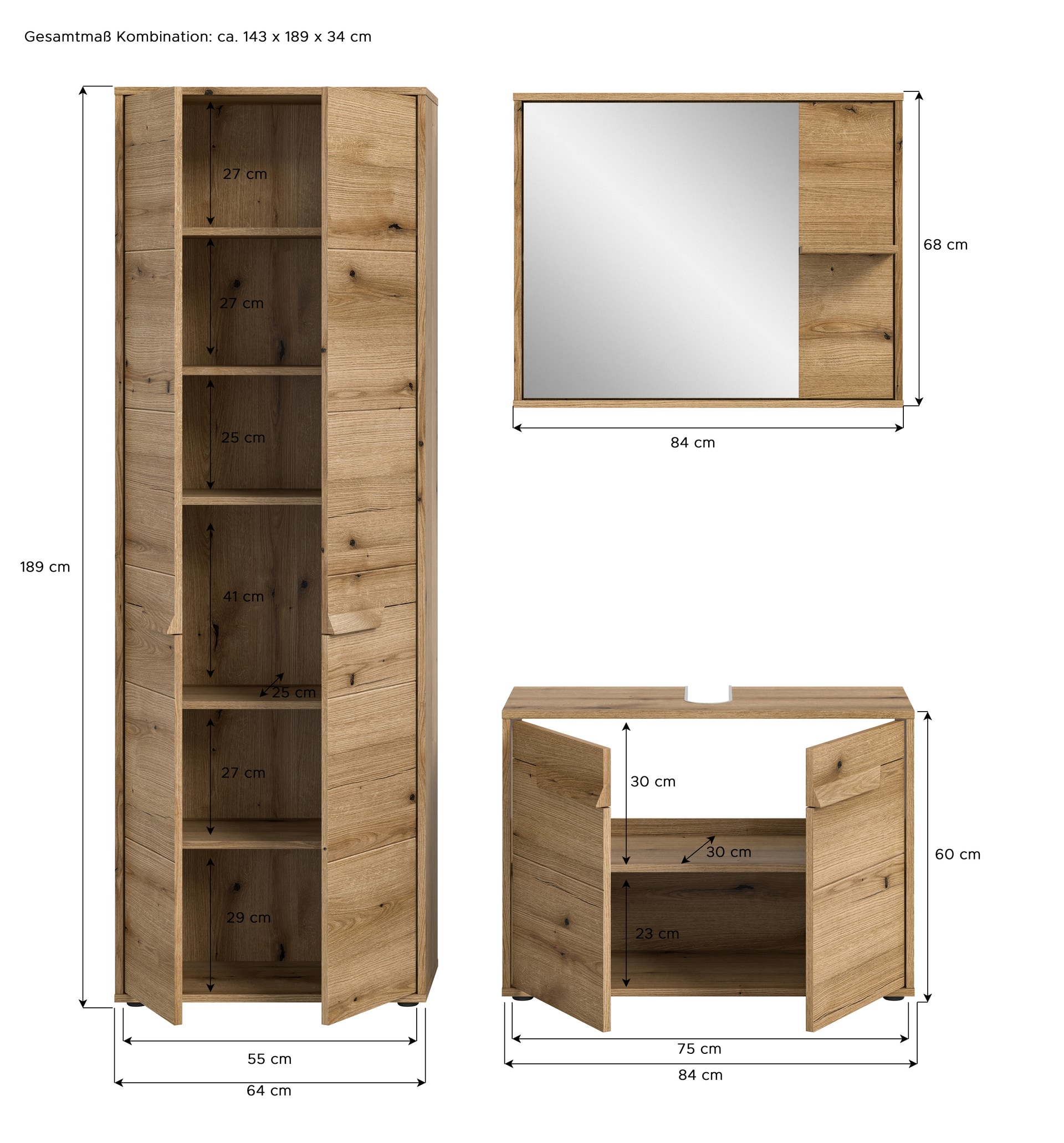 Badkombination Zeno Evoke Oak B/H/T 143x189x34 cm