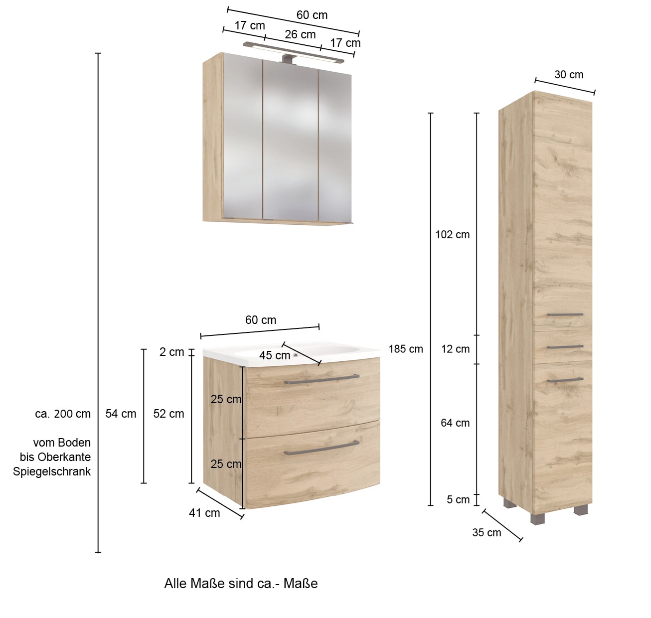 Badkombination Limburg braun 90 cm 3-teilig B/H/T 90x200x45 cm 